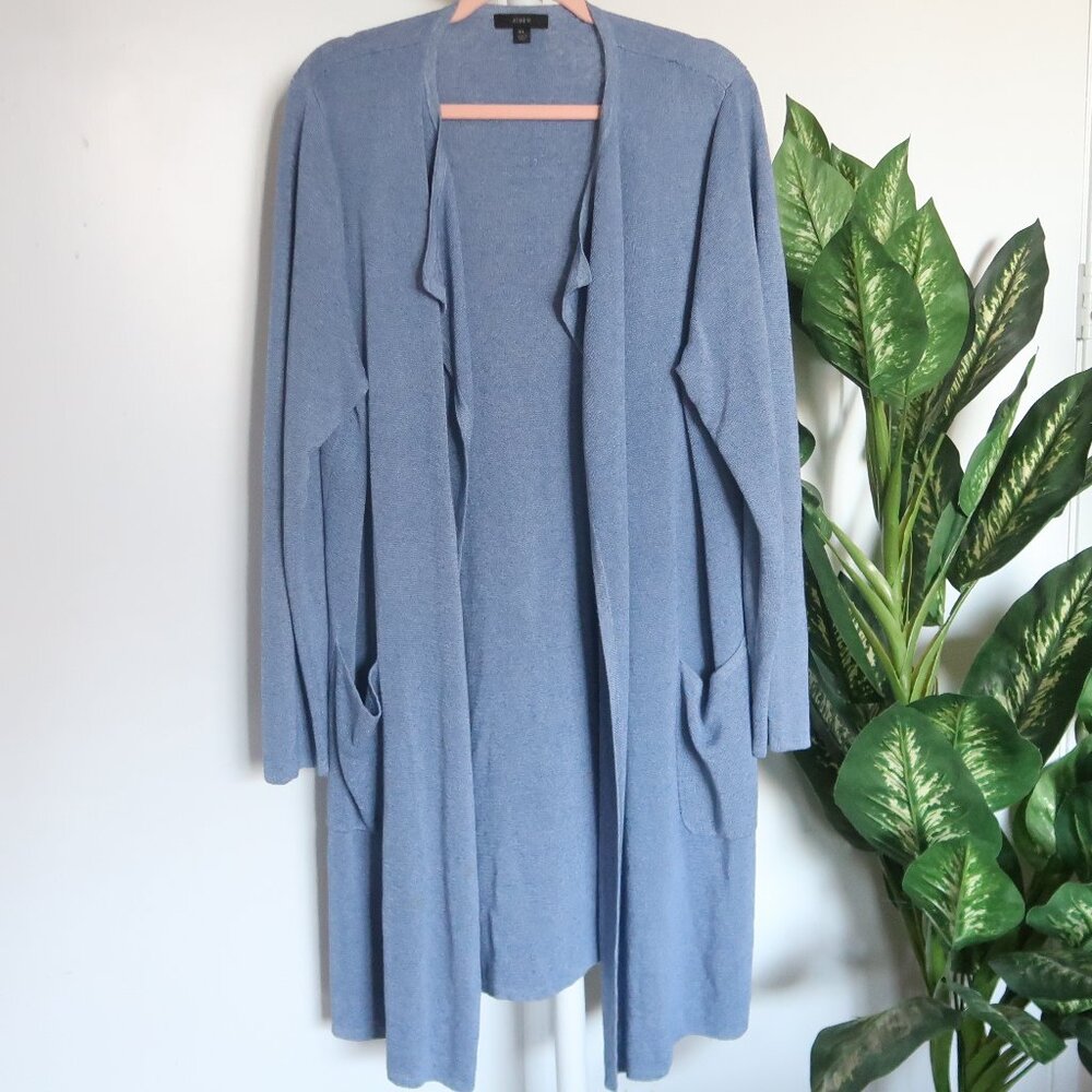 J.Crew Linen Viscose Long Open Front Cardigan Duster Sweater Blue XL Lagenlook